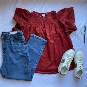 red eyelet shirt